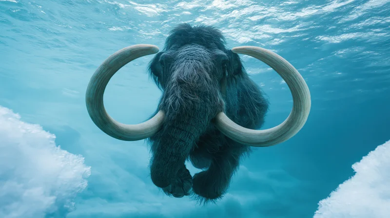 Woolly mammoth swimming underwater with large curved tusks surrounded by ice and blue water