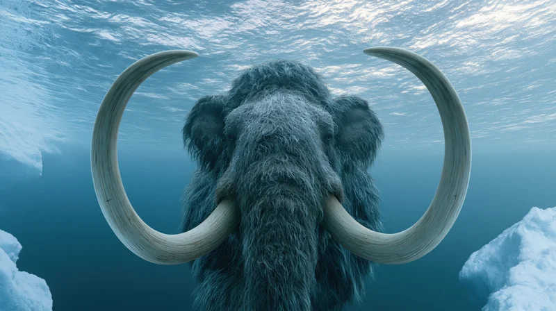 Woolly mammoth swimming underwater with large curved tusks surrounded by ice and blue water