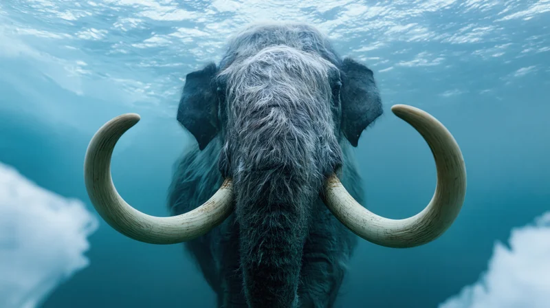 Woolly mammoth swimming underwater viewed from below with large curved tusks and fur visible