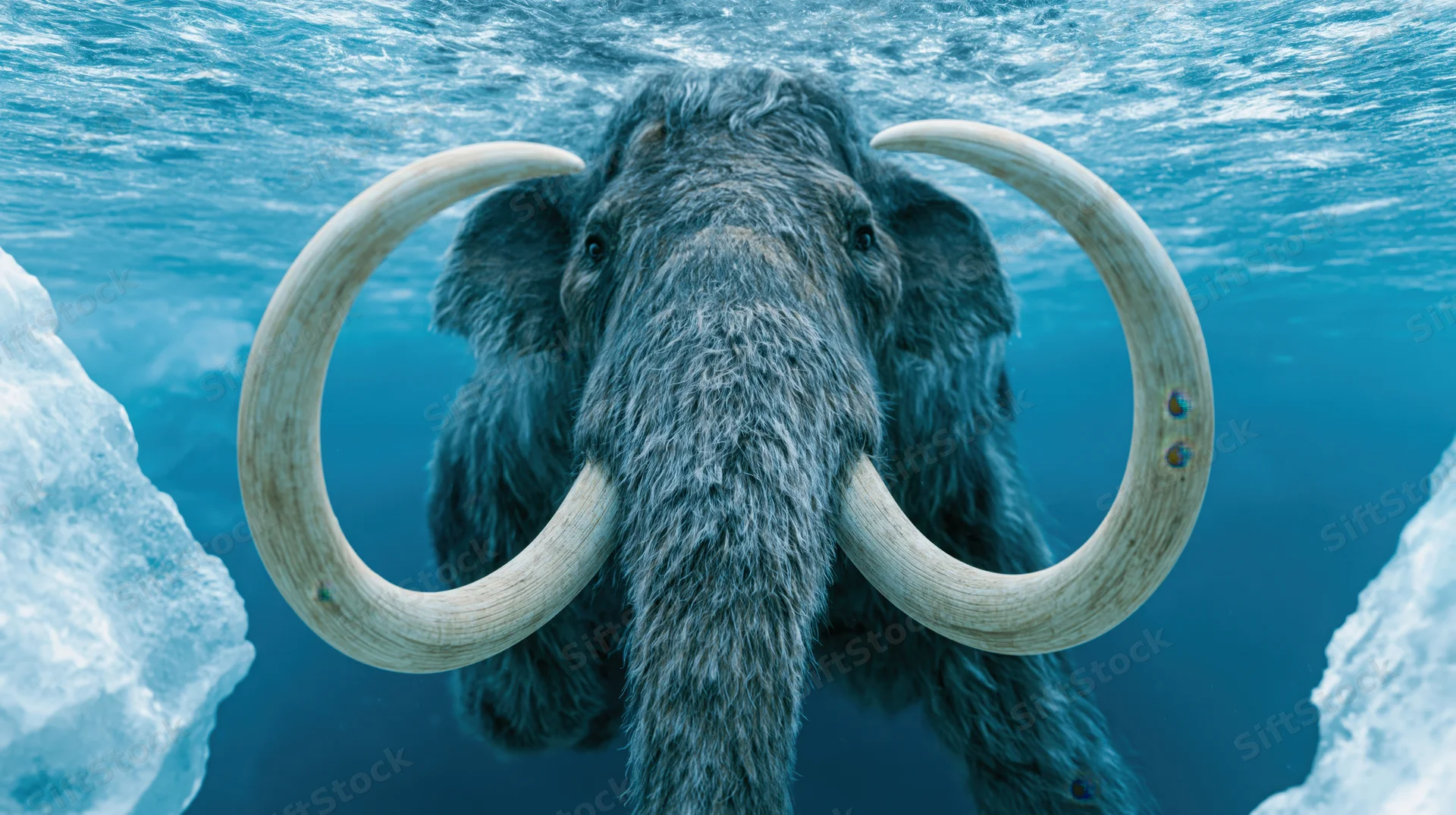 Woolly mammoth swimming underwater with large curved tusks surrounded by ice