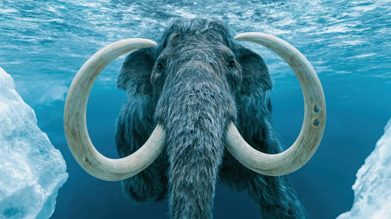Woolly mammoth swimming underwater with large curved tusks surrounded by ice