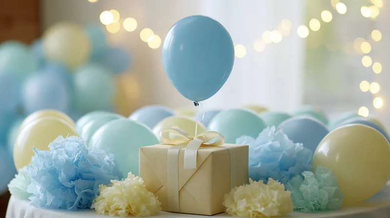 Gift box with ribbon and blue balloon on table surrounded by pastel balloons and tissue pompons under string lights