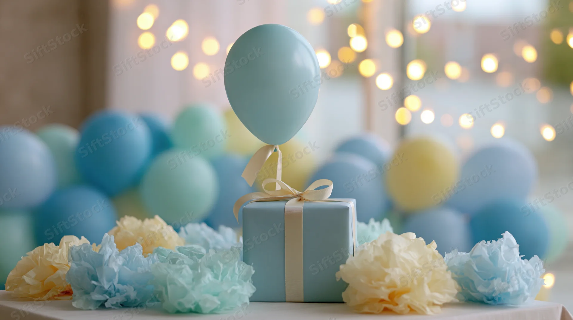 Blue gift box with ribbon and floating balloon on table surrounded by tissue paper flowers and blurred lights