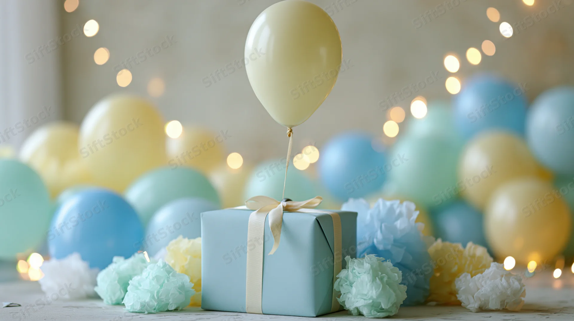 Wrapped gift box with ribbon tied to floating balloon on table surrounded by balloons and paper flowers with string lights in background
