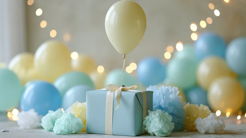 Wrapped gift box with ribbon tied to floating balloon on table surrounded by balloons and paper flowers with string lights in background
