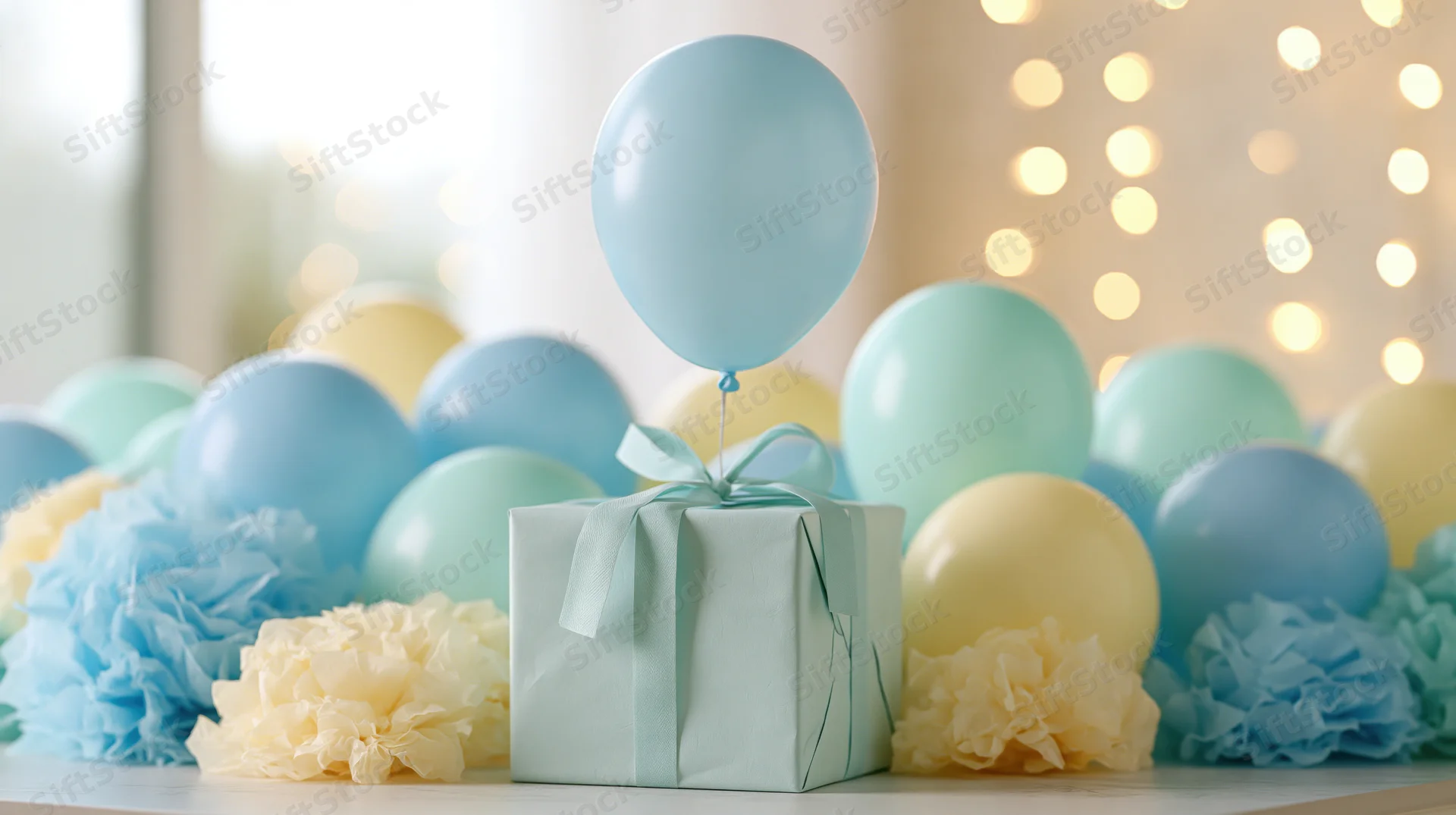Gift box with ribbon and balloon on table surrounded by colorful balloons and paper flowers under soft lights