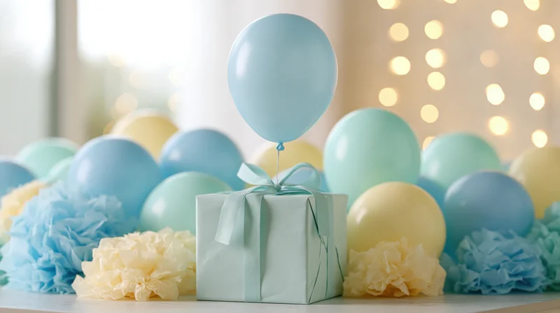 Gift box with ribbon and balloon on table surrounded by colorful balloons and paper flowers under soft lights