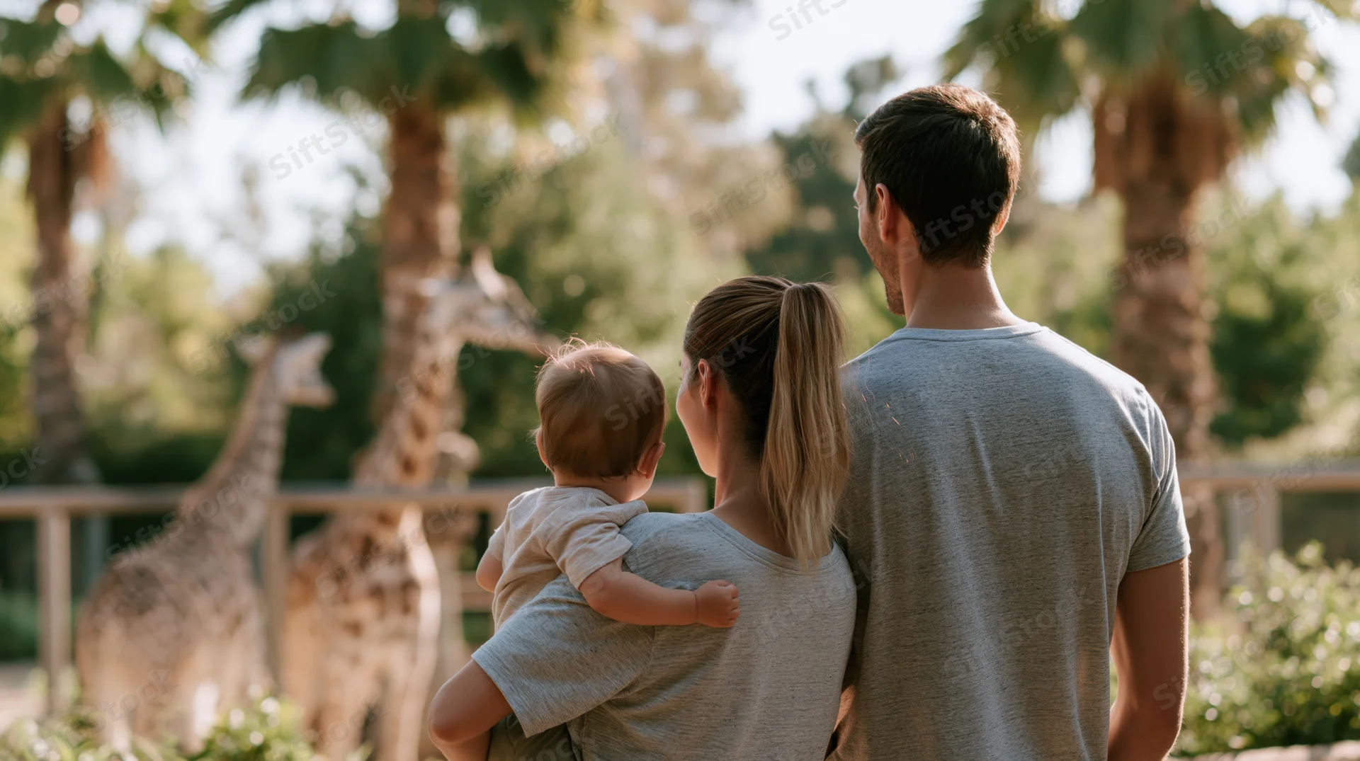 Young couple with toddler in arms viewing giraffes at zoo enclosure