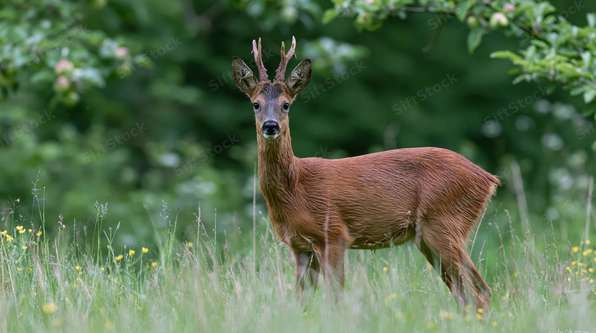 Young roe deer buck standing alert in tall grass in a forest meadow