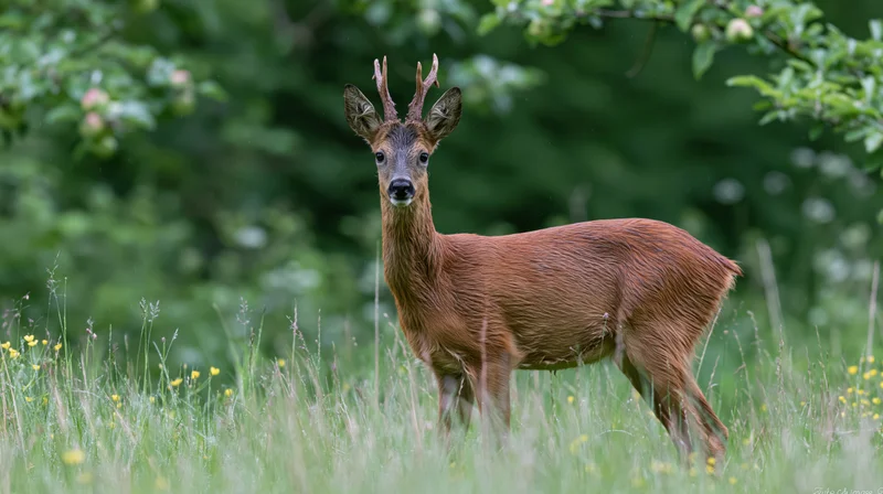 Young roe deer buck standing alert in tall grass in a forest meadow