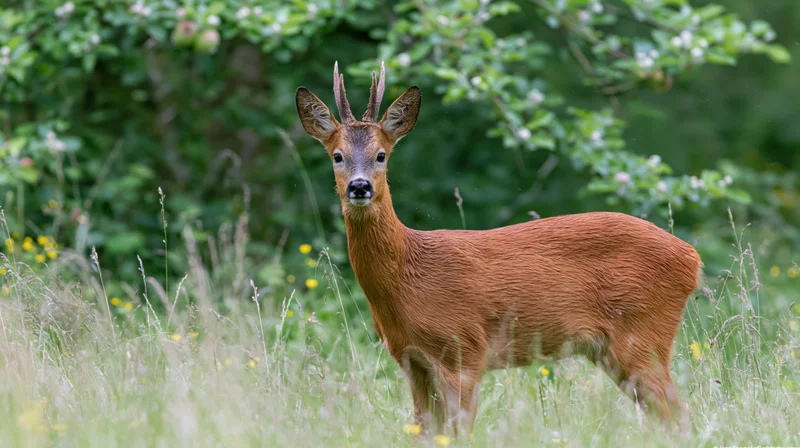 Young roe deer buck standing alert in tall grass in a green meadow