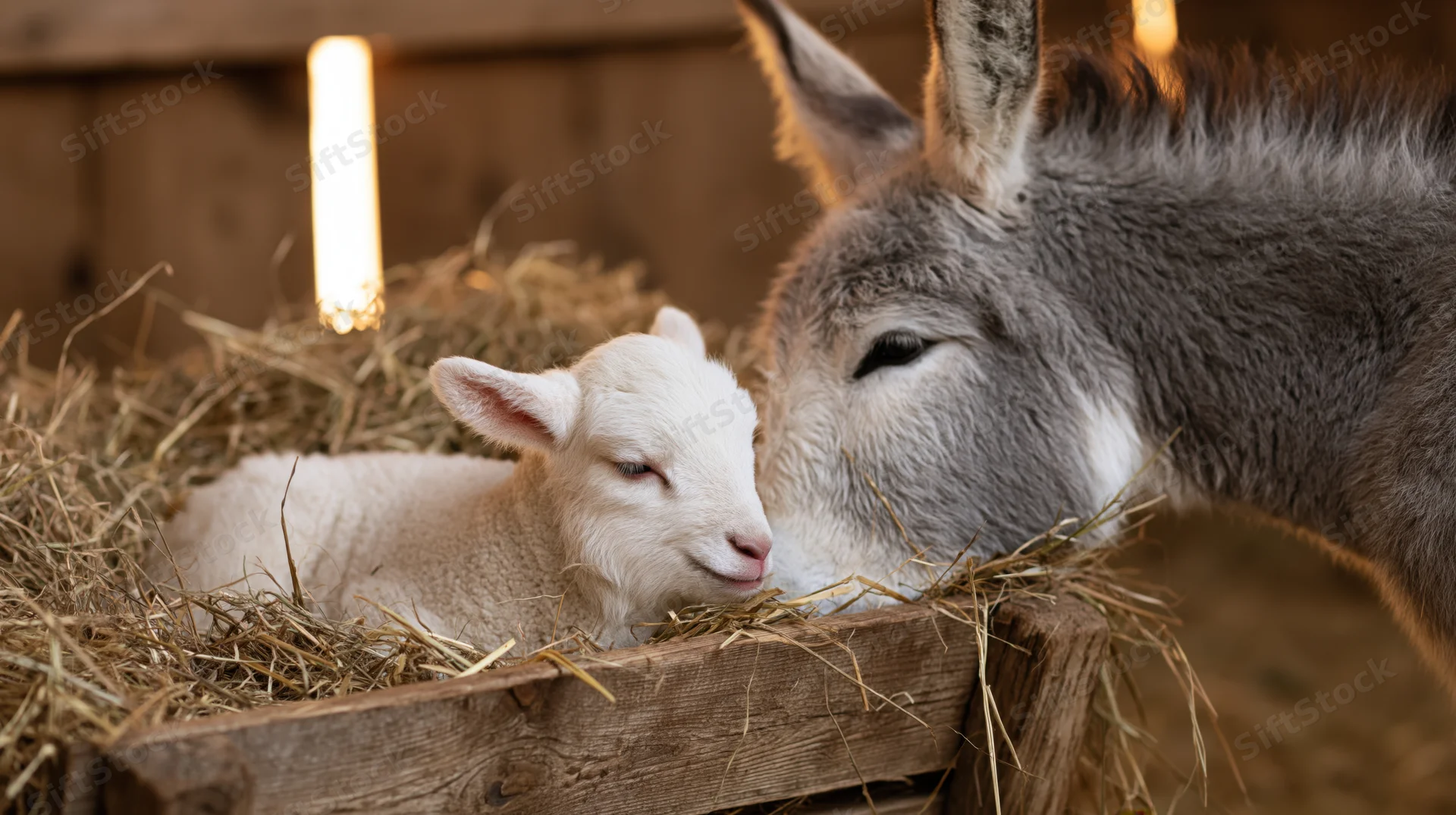 Young white lamb resting in hay-filled wooden manger beside a gray donkey in a barn