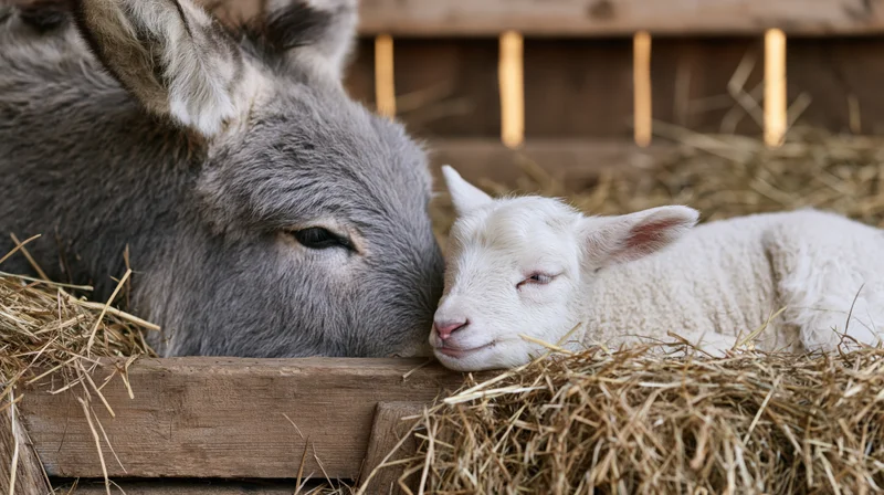 Young white lamb resting in hay-filled wooden manger beside adult sheep