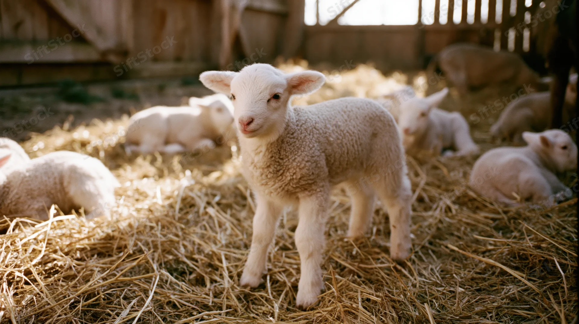 Young white lamb standing alert on hay in a barn with other lambs resting around