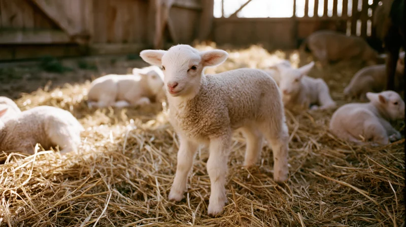Young white lamb standing alert on hay in a barn with other lambs resting around