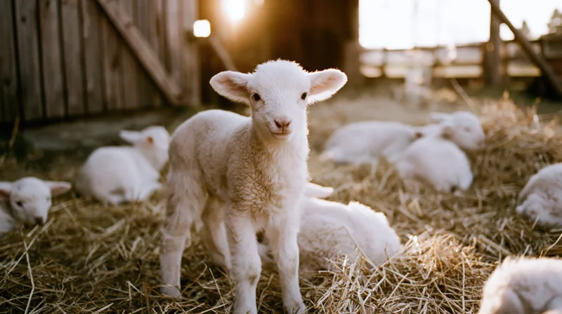 Young white lamb standing alert on hay in a barn with other lambs resting around it