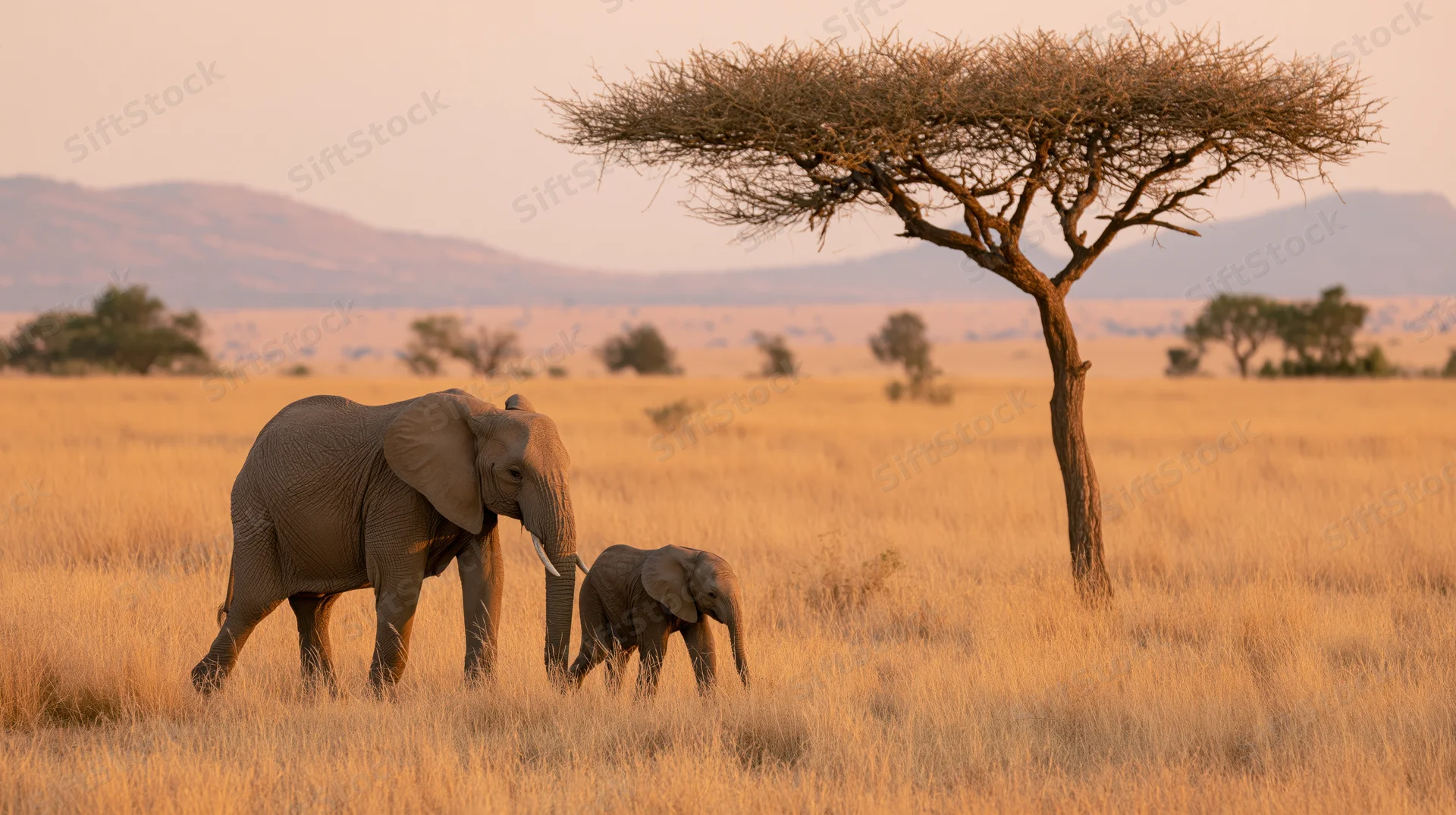 Adult elephant and calf walking side by side through golden savanna grassland with acacia tree and distant mountains