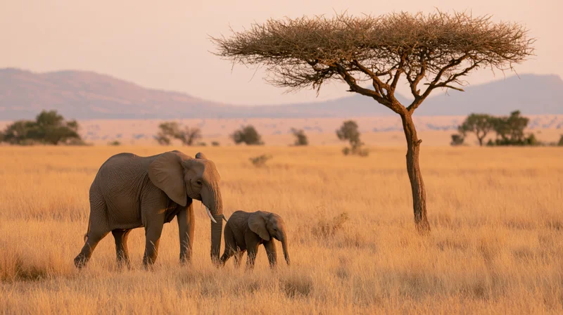 Adult elephant and calf walking side by side through golden savanna grassland with acacia tree and distant mountains