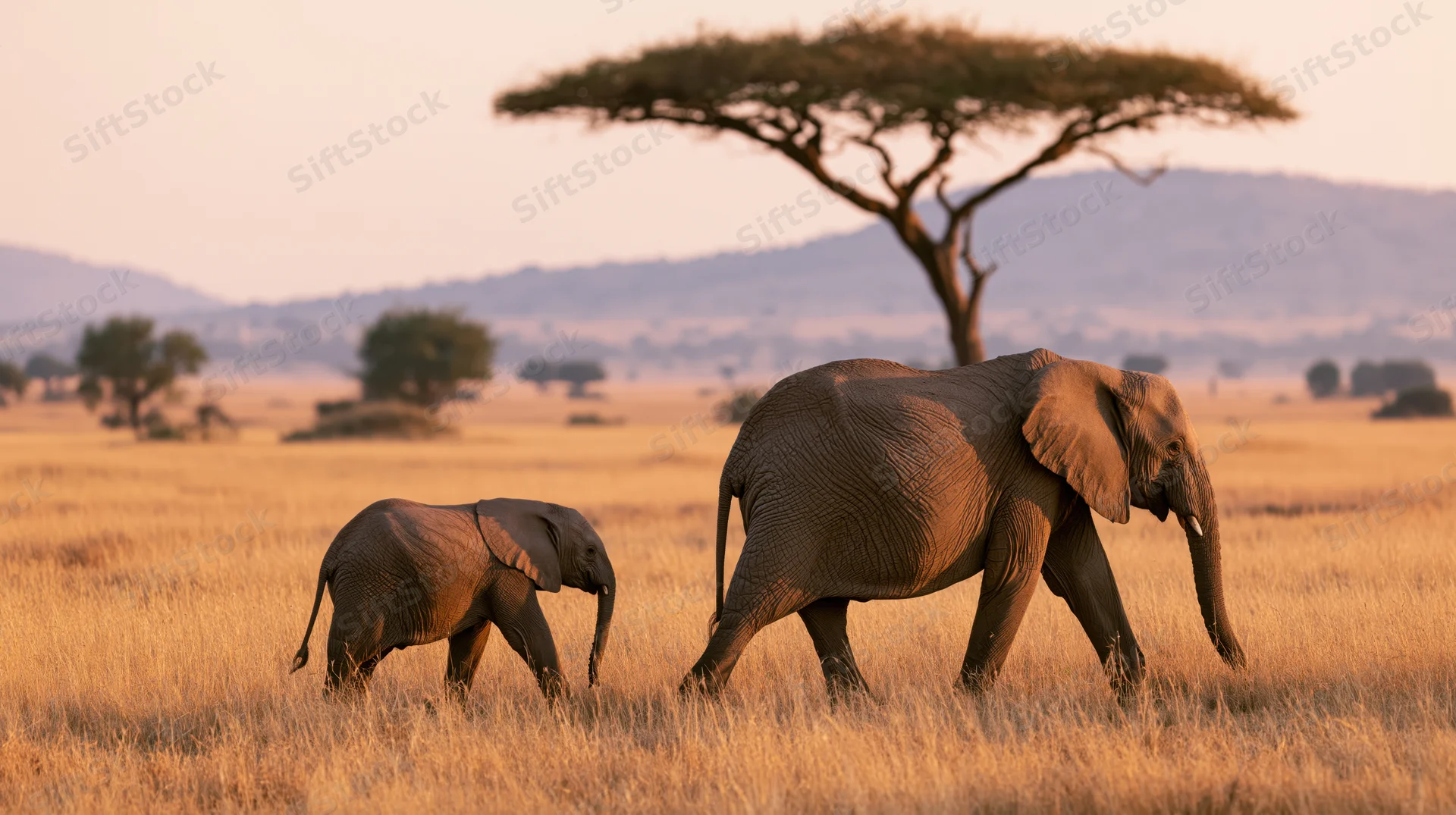 Adult elephant and calf walking side by side through golden savanna grassland at dusk