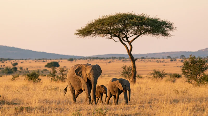 Adult elephant and calf walking side by side through golden savanna at dusk
