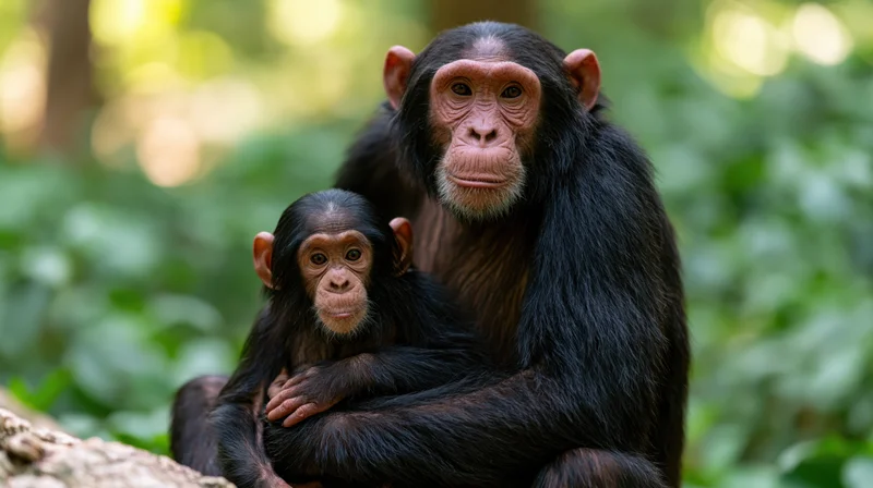 Adult chimpanzee cradling infant chimp in forest foliage