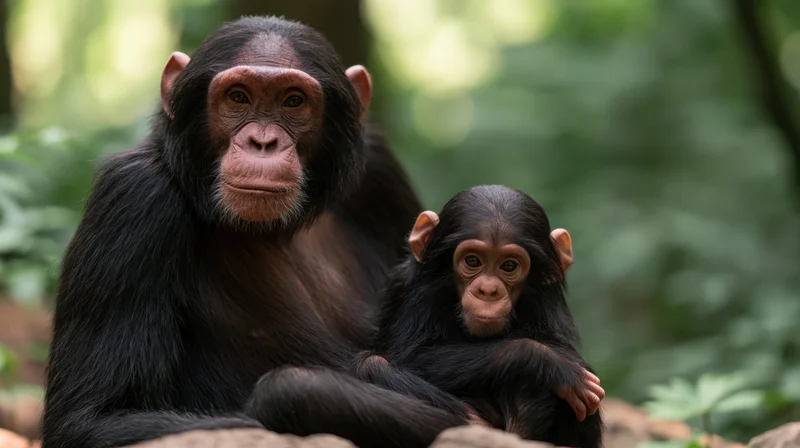 Adult chimpanzee cradling infant in forest setting