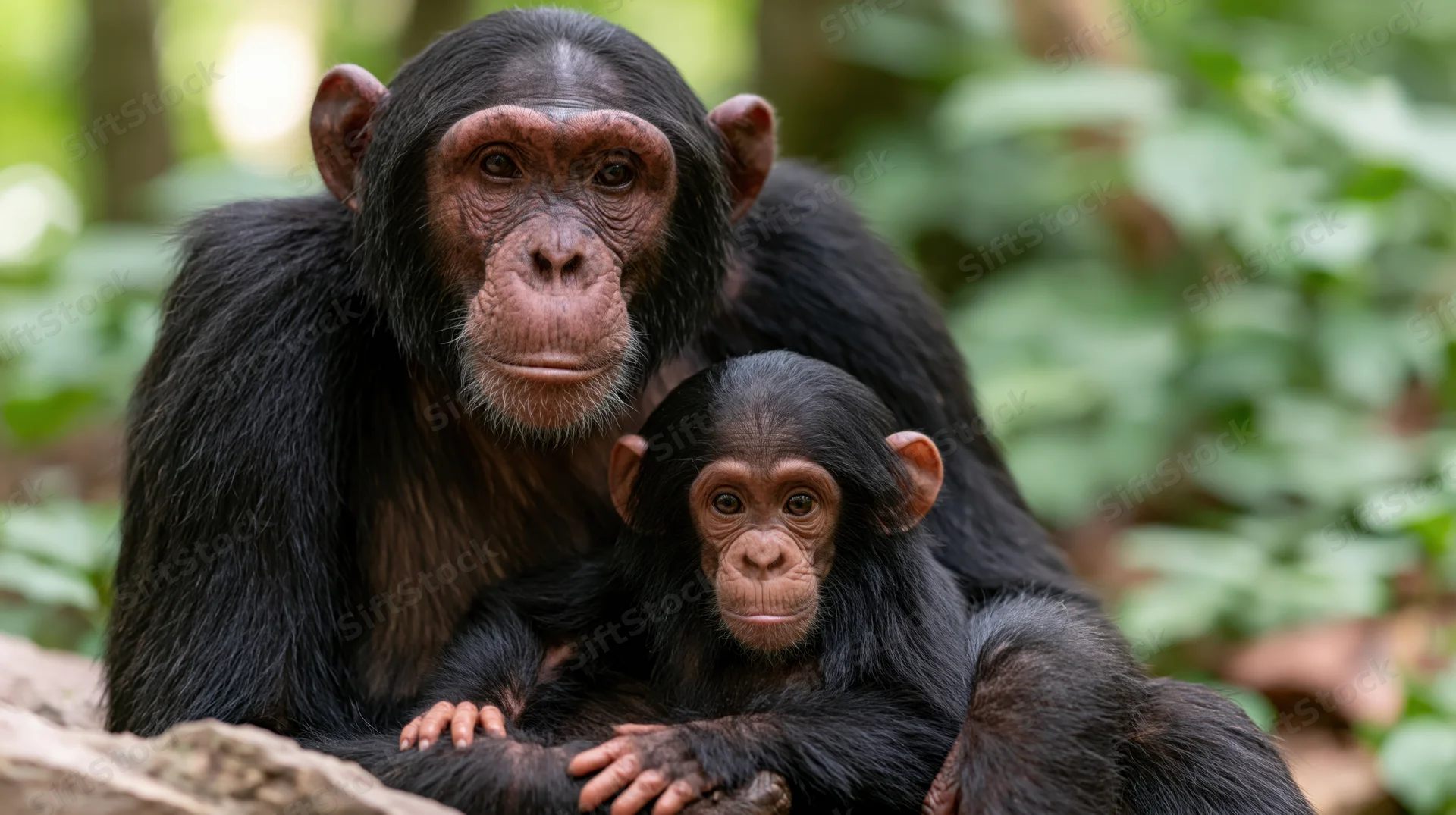 Adult chimpanzee cradling infant chimp in forest foliage