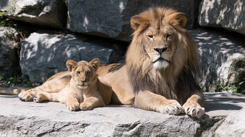 Adult male lion with full dark mane and young cub resting together on rocky surface in zoo enclosure