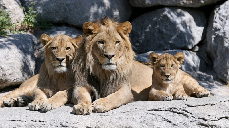 Male lion with full mane and cub resting together on rocky surface