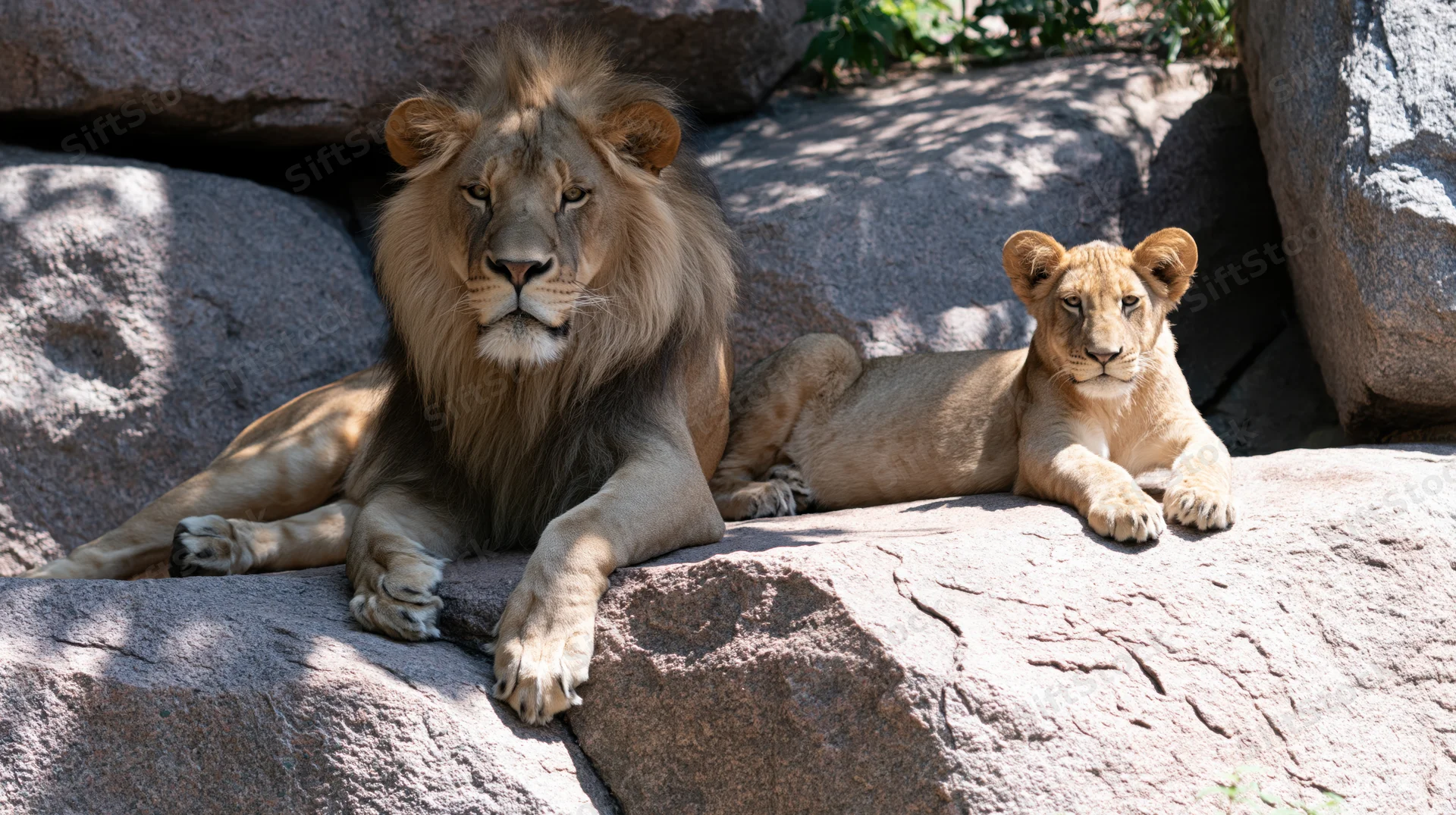 Adult male lion with full mane and young cub resting on large rocks in zoo enclosure