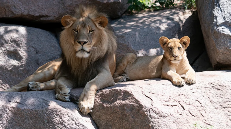 Adult male lion with full mane and young cub resting on large rocks in zoo enclosure