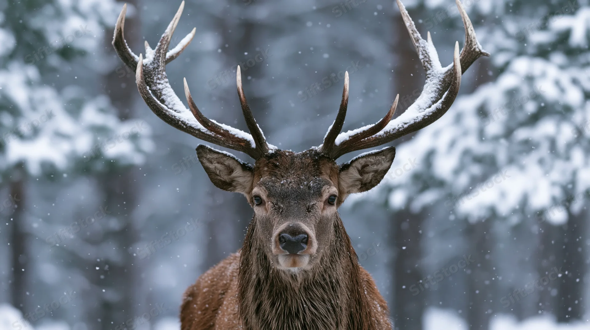 Red deer stag facing forward in snowy forest with antlers dusted in snow