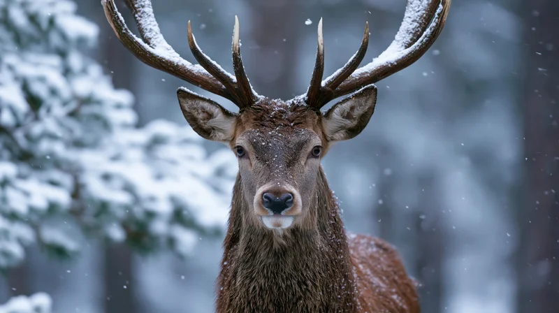 Red deer stag facing forward in snowy forest with snow on antlers and fur