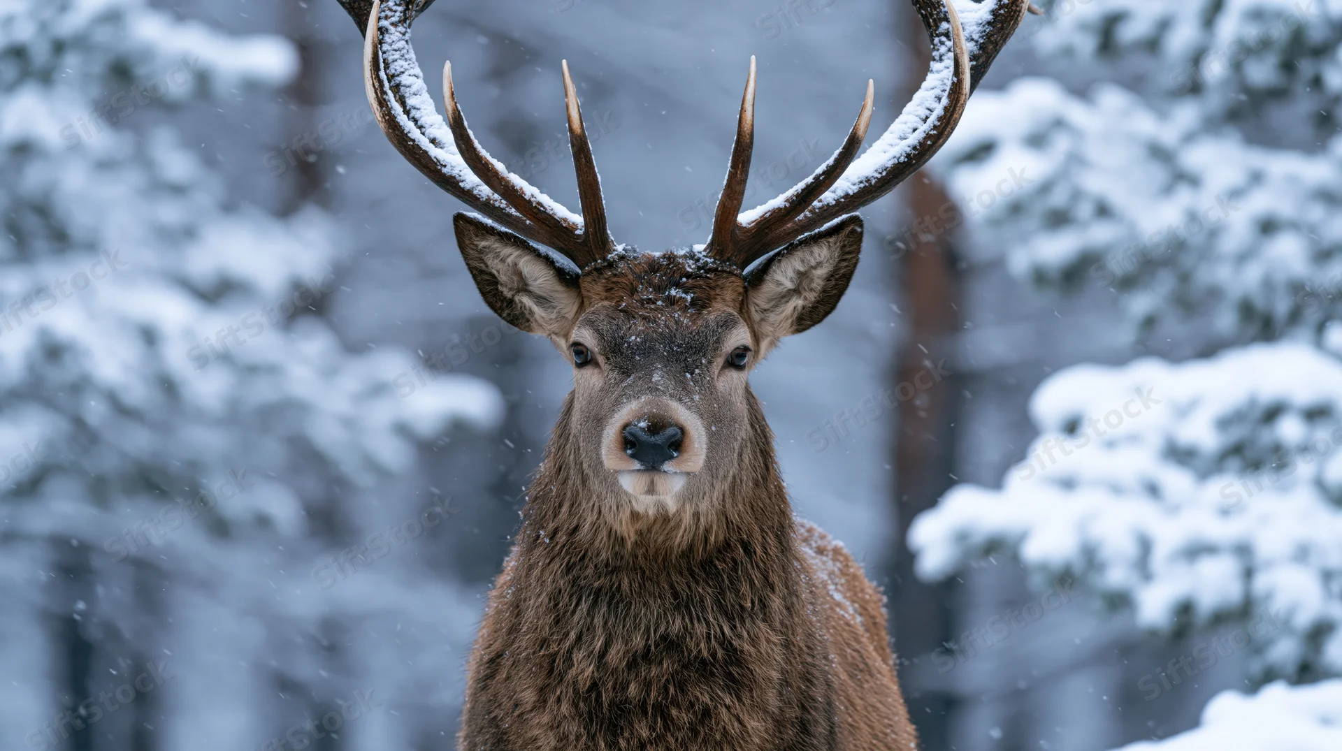 Red deer stag facing forward in snowy forest with snow-covered antlers and fur