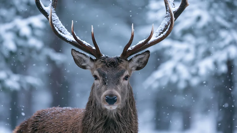 Red deer stag facing forward in snowy forest with antlers covered in snow