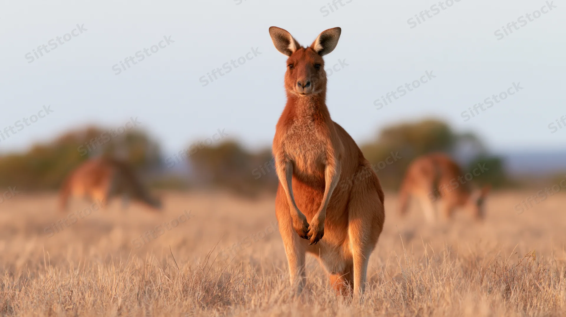 Adult red kangaroo standing alert in dry grassy outback field
