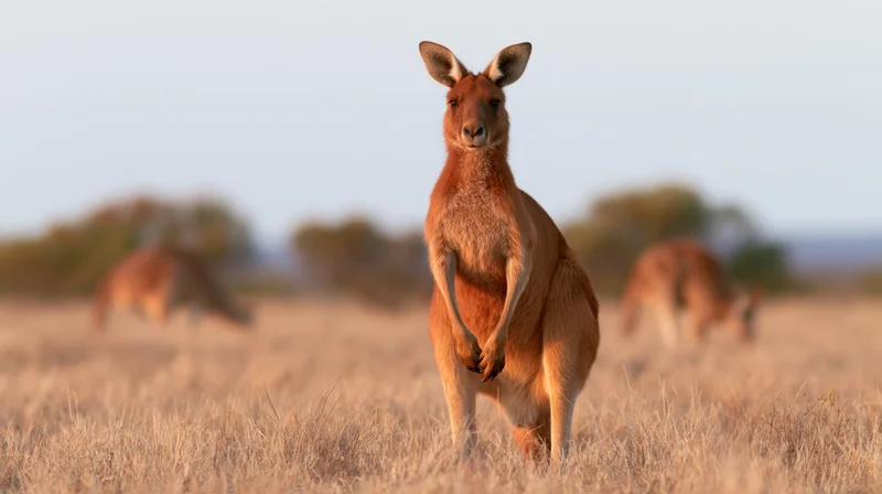 Adult red kangaroo standing alert in dry grassy outback field