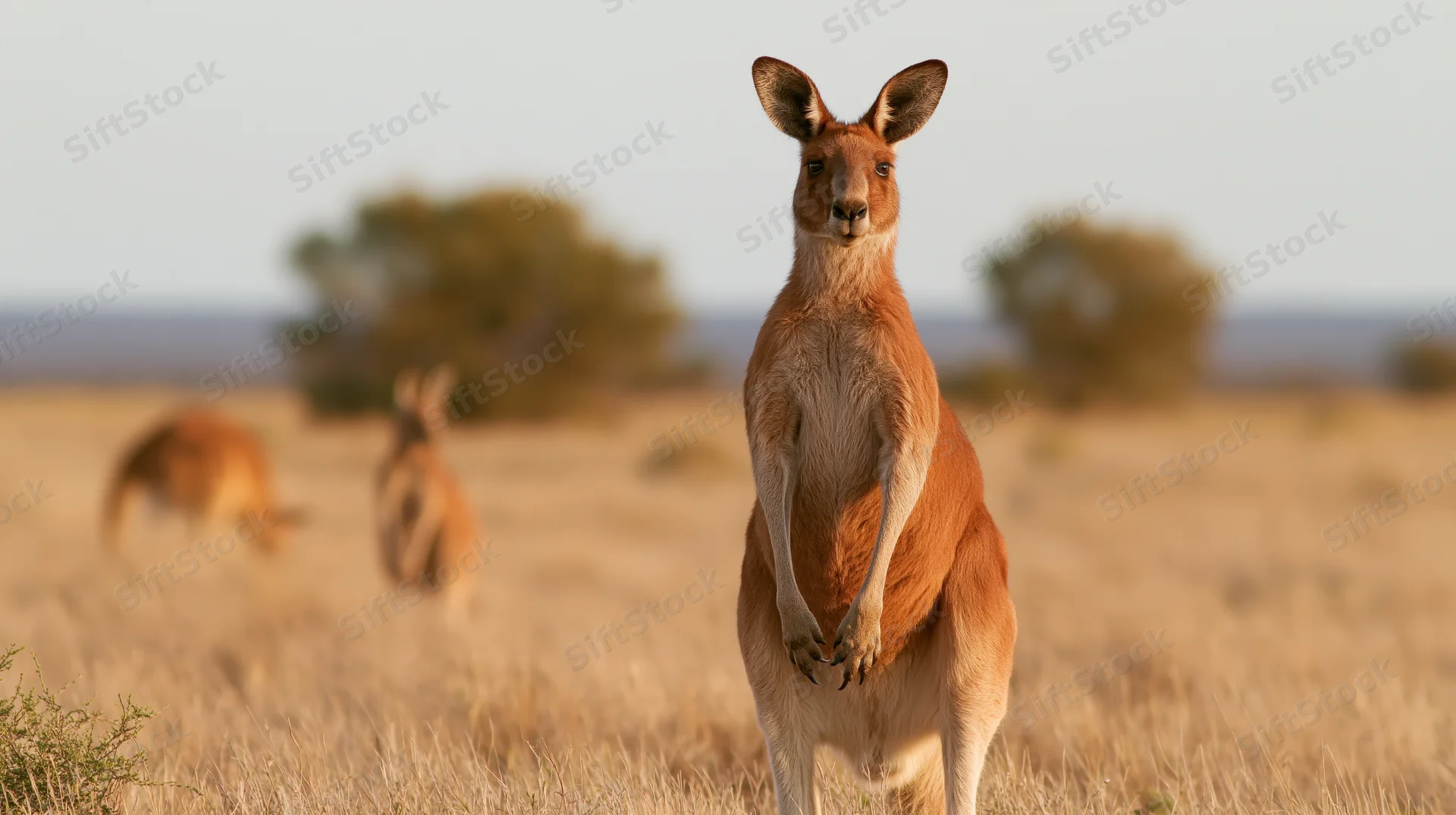 Adult red kangaroo standing alert in dry australian outback grassland