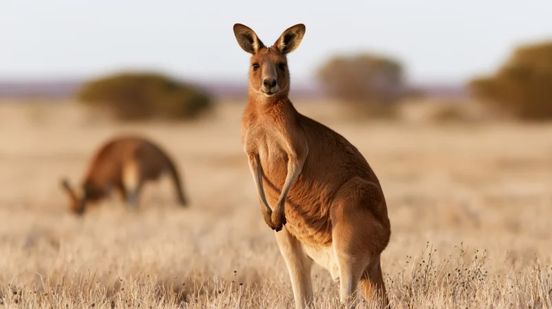 Red kangaroo standing alert in dry grassland of australian outback