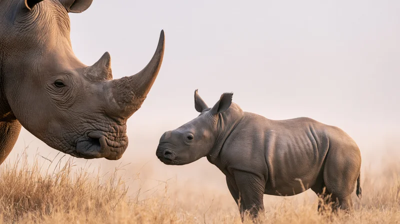 Adult rhinoceros and young calf facing each other in a grassy savanna at dusk