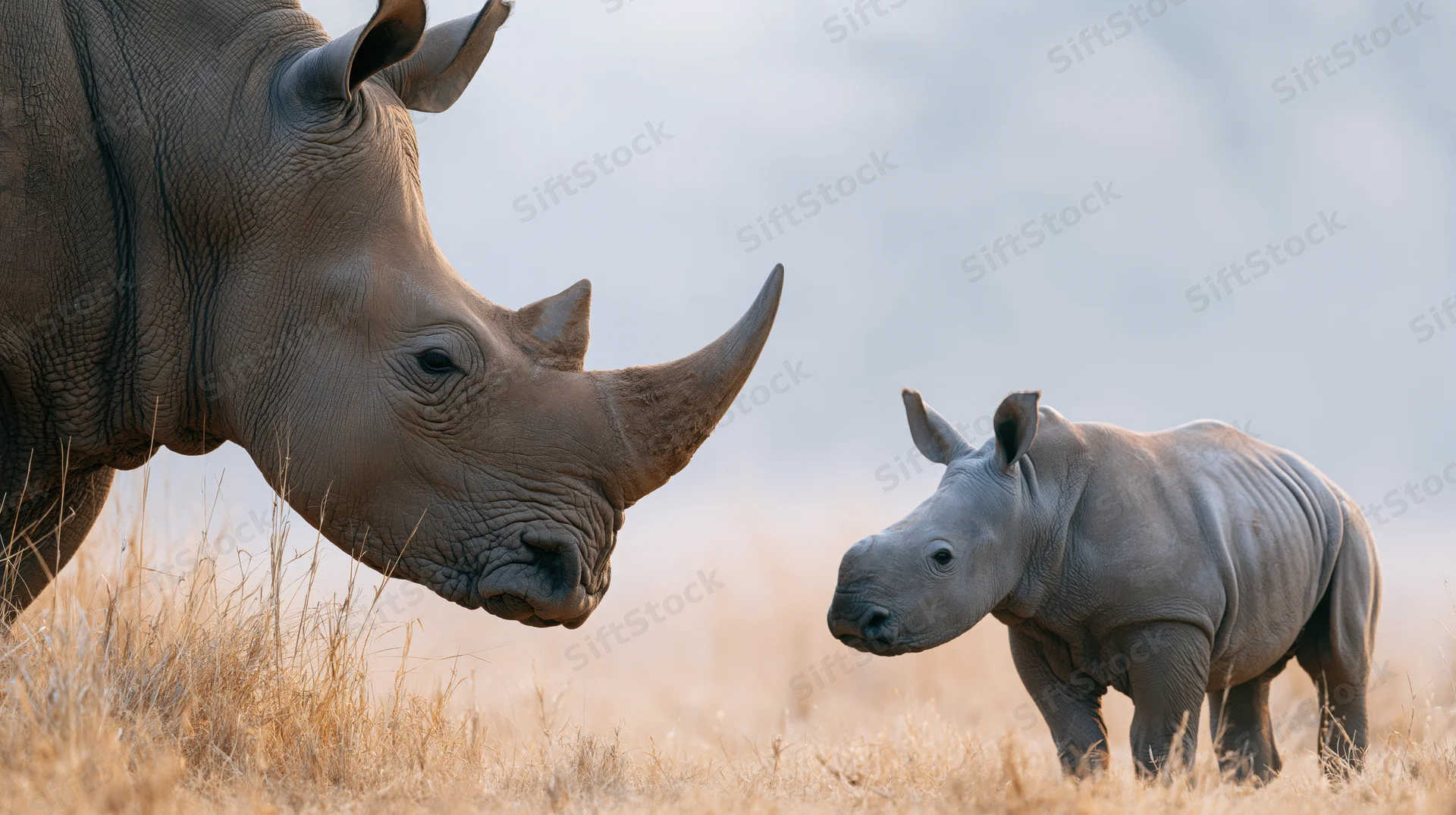 Adult rhinoceros and calf facing each other in dry grassland