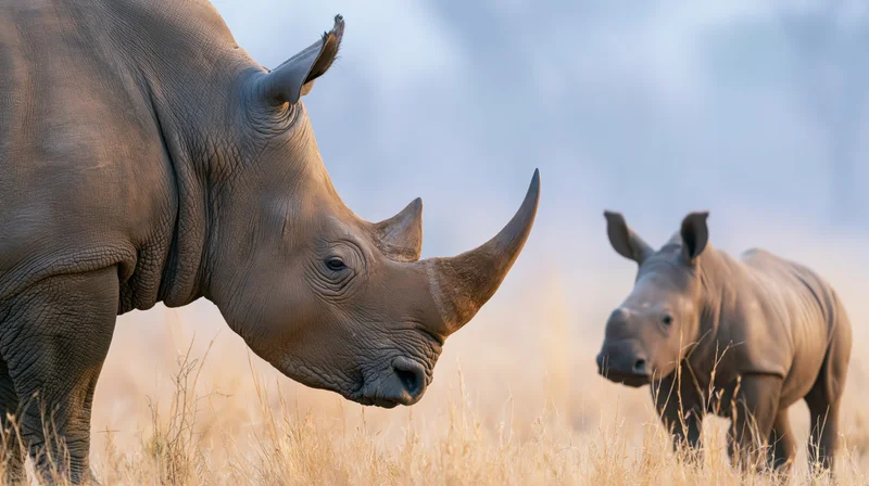 Adult white rhinoceros and young calf facing each other in dry grassland