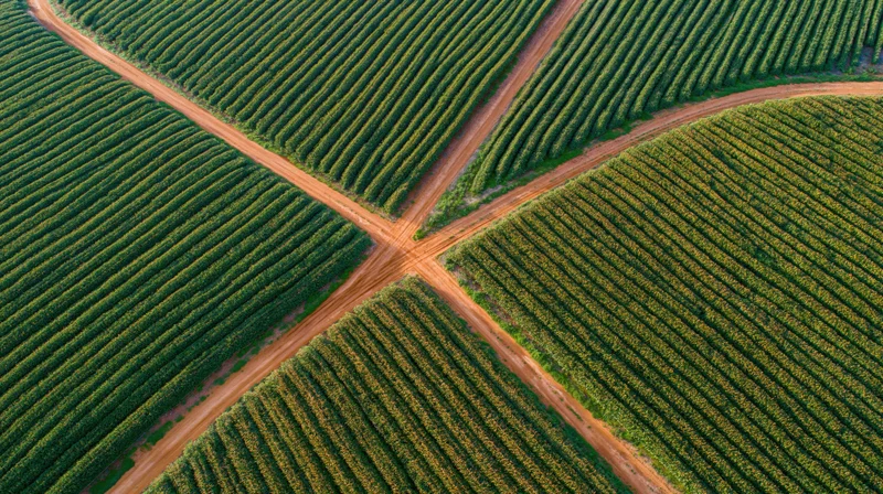 Aerial view of intersecting dirt paths crossing rows of corn crops in a vast agricultural field