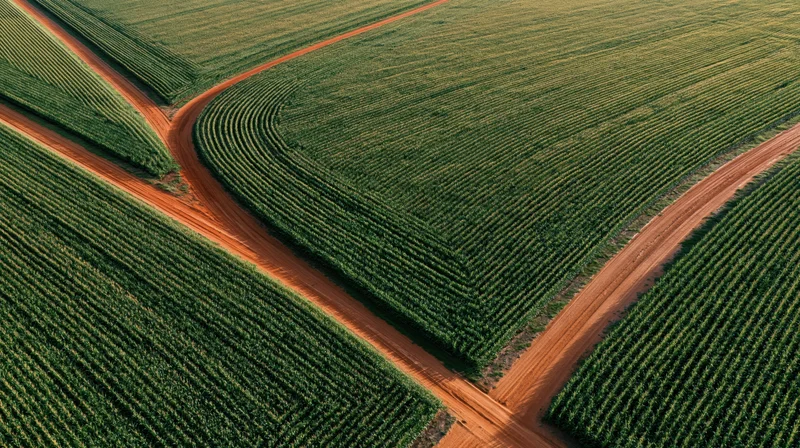 Aerial view of cornfields with intersecting dirt paths in rural farmland