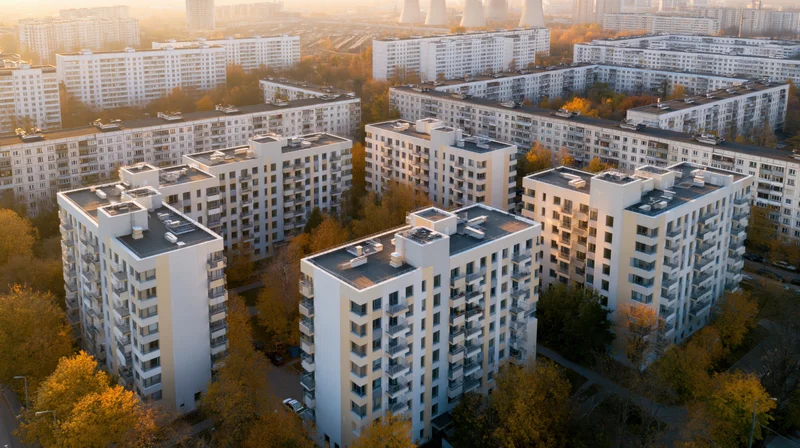 Aerial view of modern apartment buildings in a residential neighborhood surrounded by autumn trees at sunset