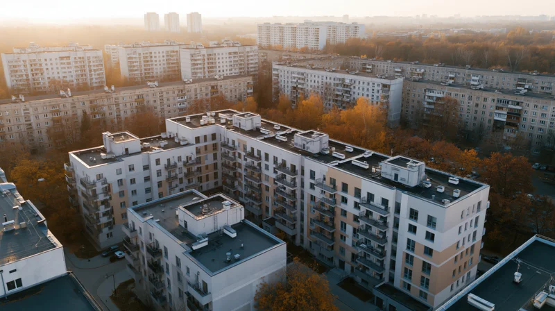 Aerial view of modern apartment buildings in a residential neighborhood at sunset