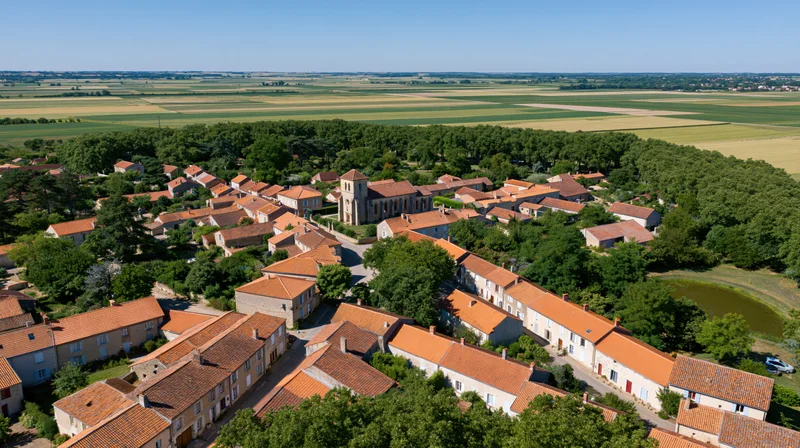 Aerial view of a small french village with terracotta rooftops and surrounding farmland