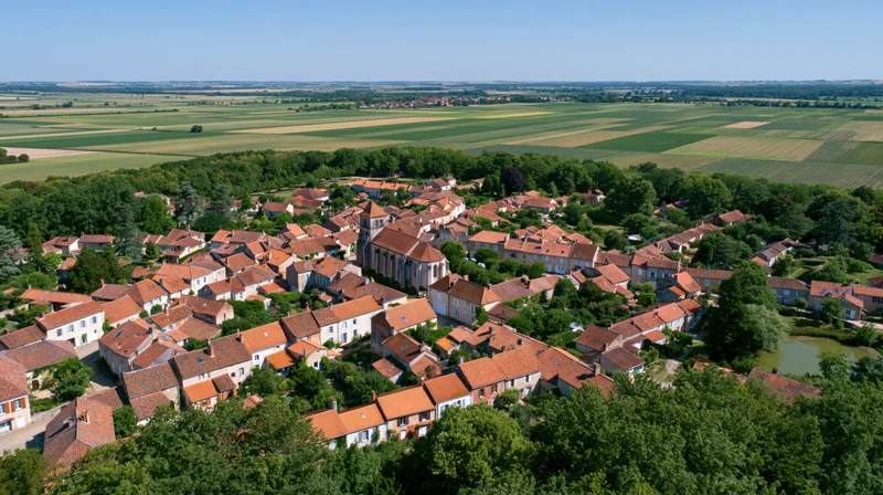 Aerial view of a small french village with terracotta rooftops and surrounding farmland