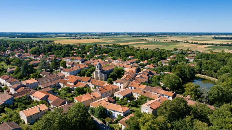 Aerial view of a small french village with red-tiled roofs and a central church surrounded by green fields and trees