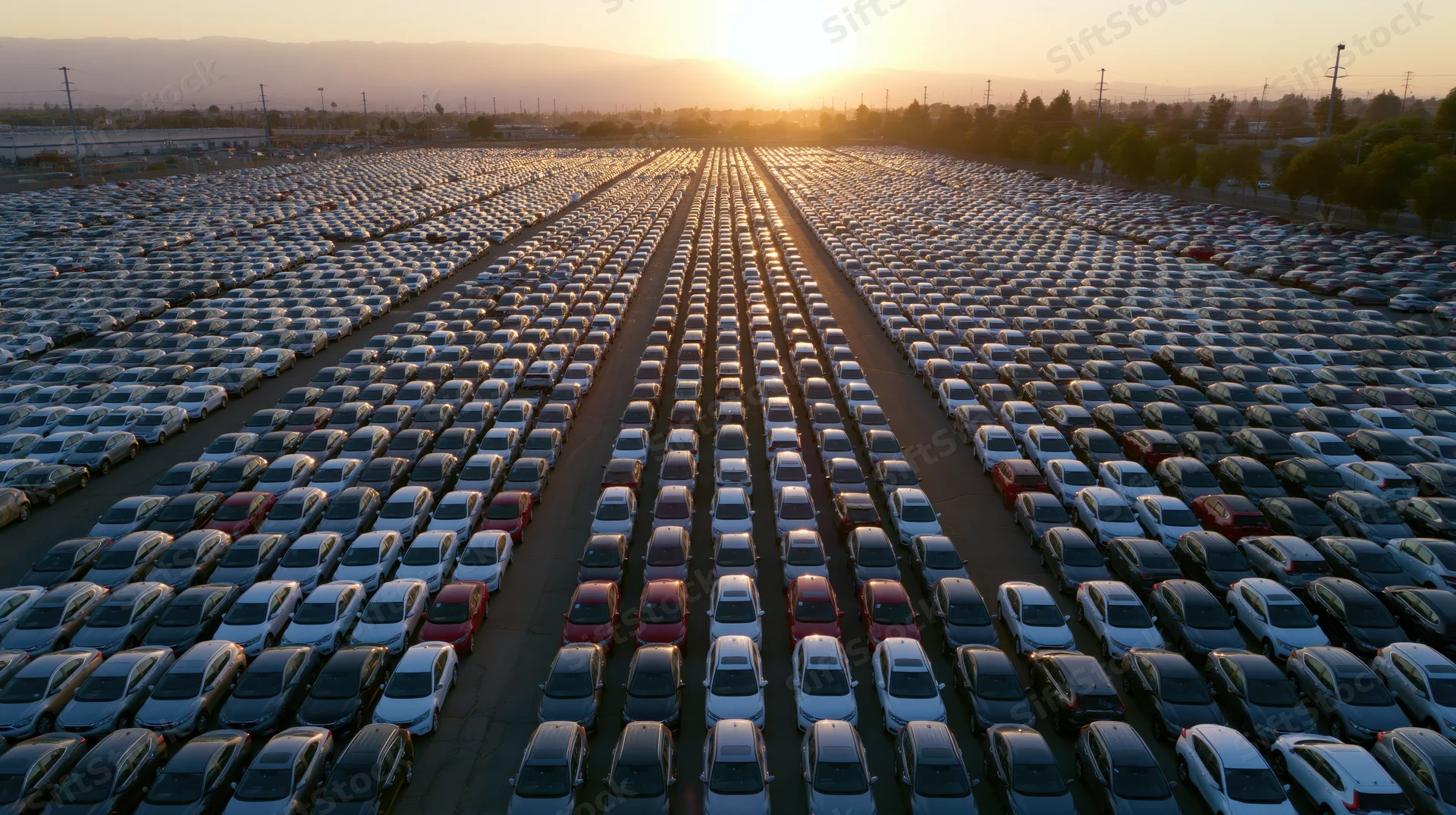 Aerial drone view of rows of cars in a vast outdoor storage lot at sunset
